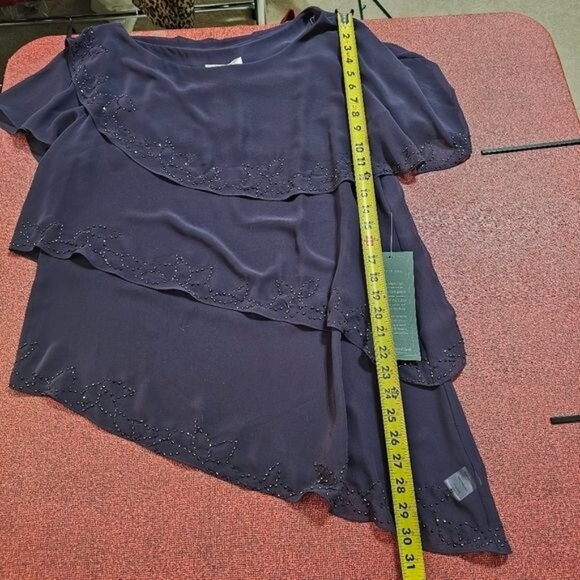 Coldwater Creek Purple Tiered Chiffon Boatneck Blouse Sz 14 Beaded Asymmetrical - Picture 10 of 11